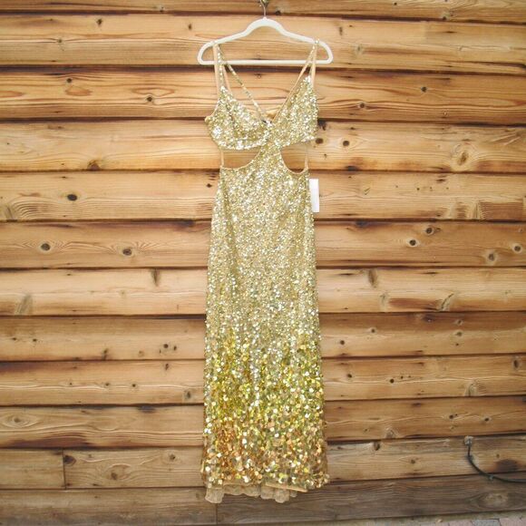 MAC DUGGAL 6077 Gold Thin Strap Cut Out Gown With Ombre Sequins - Picture 9 of 16